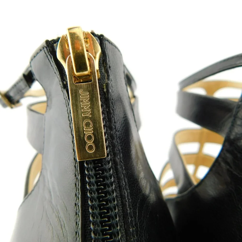 JIMMY CHOO Black Leather Caged Open Toe Bootie Heel Pumps 41